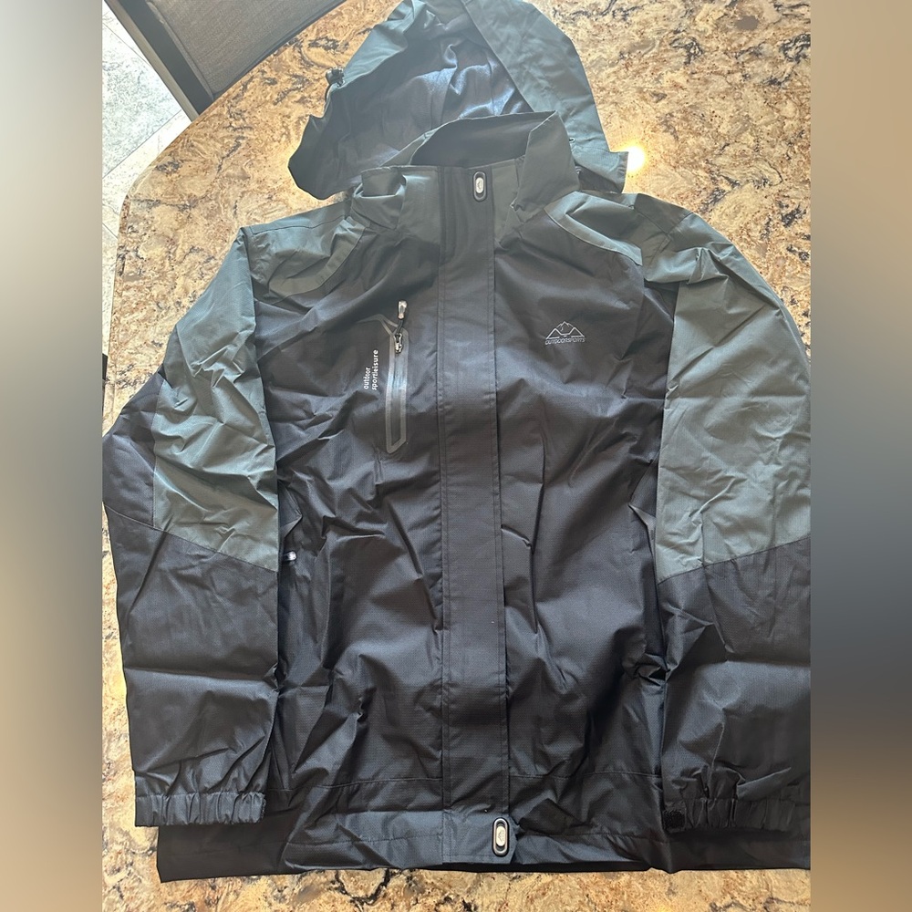 Women’s XXL Waterproof Rain Jacket Removable Hood Dark Green Outdoor Sports